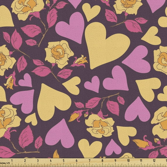Valentine's Day Fabric by the Yard, Autumn Fall Season Toned Romantic Heart Love Shapes and Roses, Upholstery Fabric for Dining Chairs Home Decor Accents, Eggplant Mustard Pink by Ambesonne