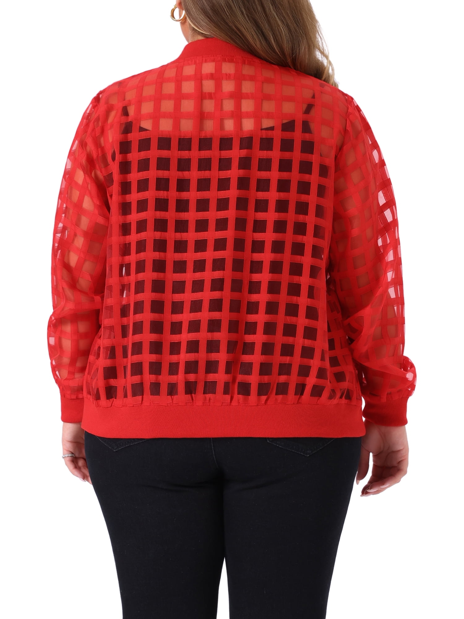 DARING DIVA Women's Plus Size Mesh Sheer Zip Up Bomber Jacket 2X Red