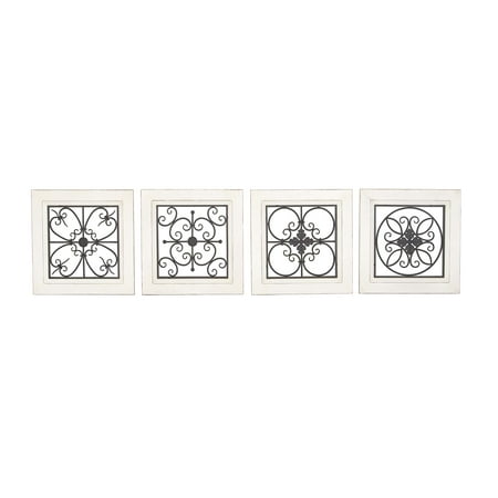 Decmode Flourished And Floral Wood And Metal Wall Plaque, Black - Set of 4