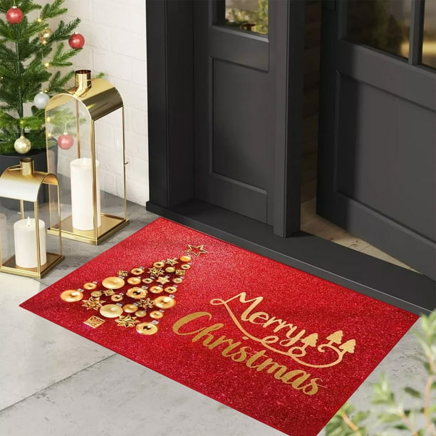 Christmas Doormat Red Crystal Velvet Bathroom Absorbent Mat Room Decoration Non-slide Mat Merry Christmas Letter Printed Mat Christmas Holiday Decoration