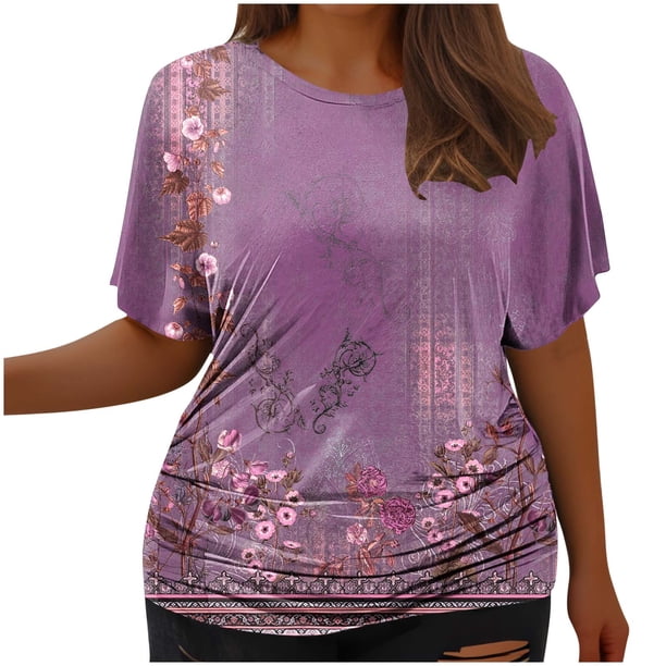Tops Cortos para Mujeres, Cintura Plisada Cuello Redondo Tamaño Grande Camiseta de Manga Corta Top Casual Hecha de Estante de Imitación, Camisetas Casuales de Mujer