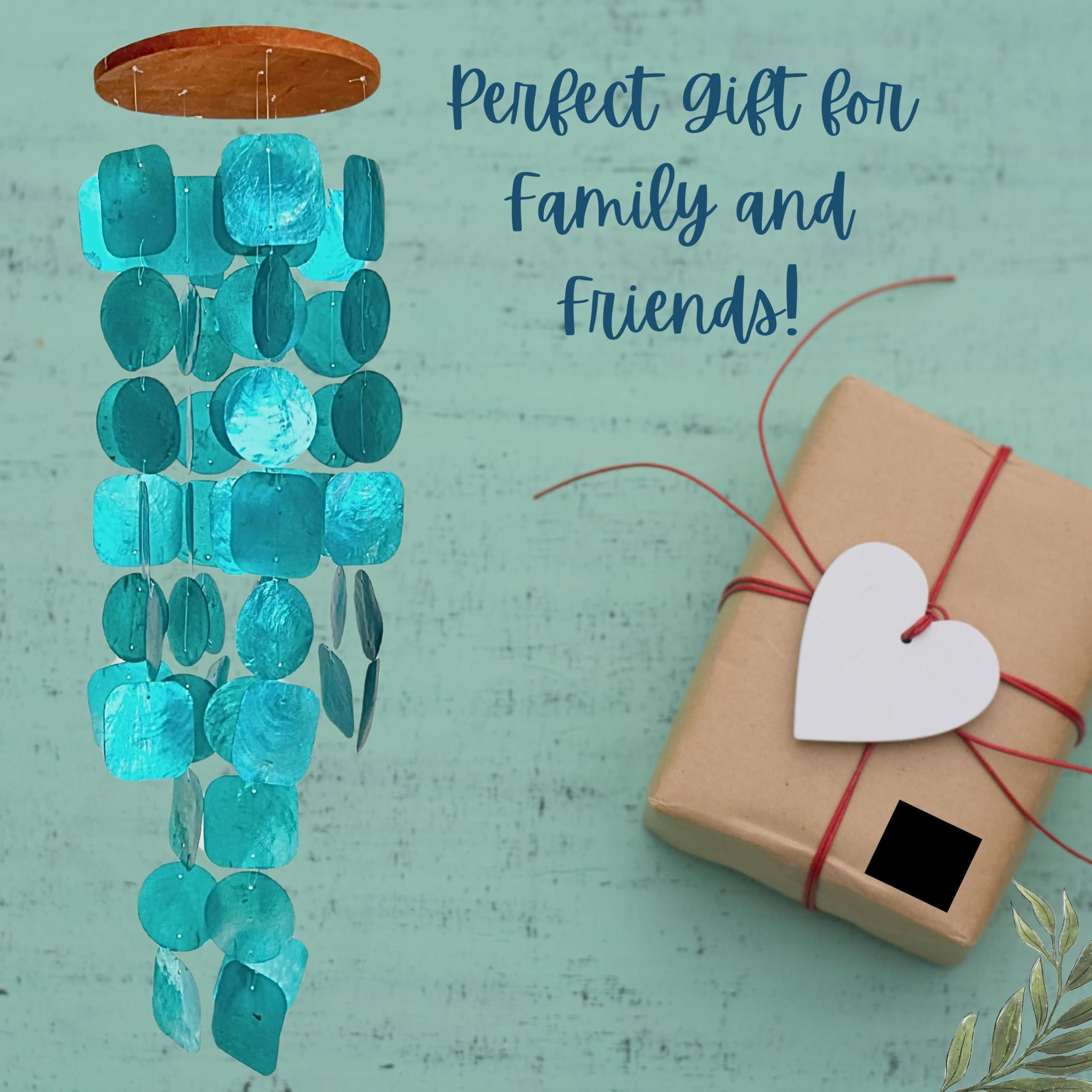 Handmade Wind Chimes Outdoor  Musical Garden Decorations Beach Breeze Gifts For Mom Outside Windchimes 63pcs Capiz Shells Sea Glass Wood Turquoise 20744