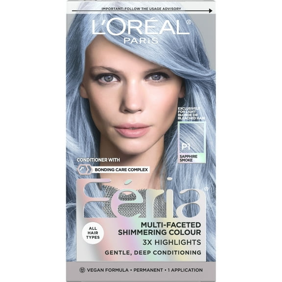 L'Oreal Paris Feria Shimmering Permanent Hair Color, P1 Sapphire Smoke (Smokey Blue), 1 Kit