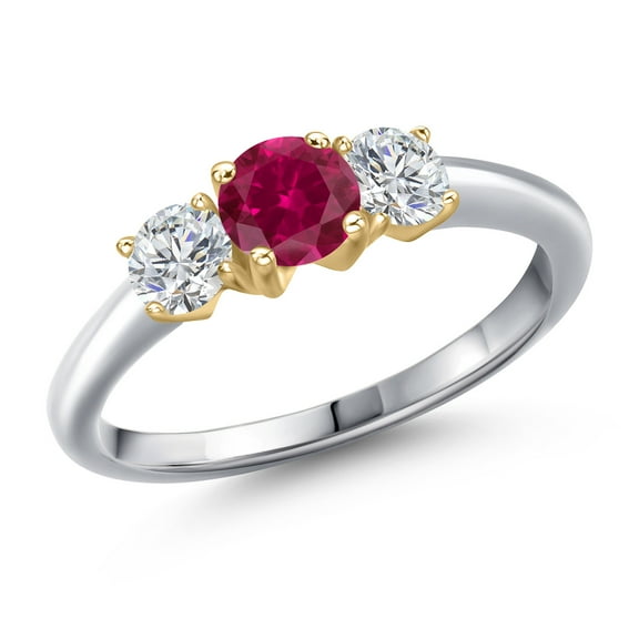Gem Stone King 10K Two Tone Gold Red Created Ruby and Lab Grown Diamond Engagement Ring for Women | 1.14 Cttw | Round 5MM | Gemstone July Birthstone | Size 7
