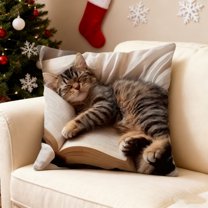 Cute Sleeping Cat & Book Print Pillowcase - 18x18 Inch Short Pile Polyester Cushion Cover, Soft Multicolor Sofa Pillowcase for Living Room, Bedroom Bed Decor