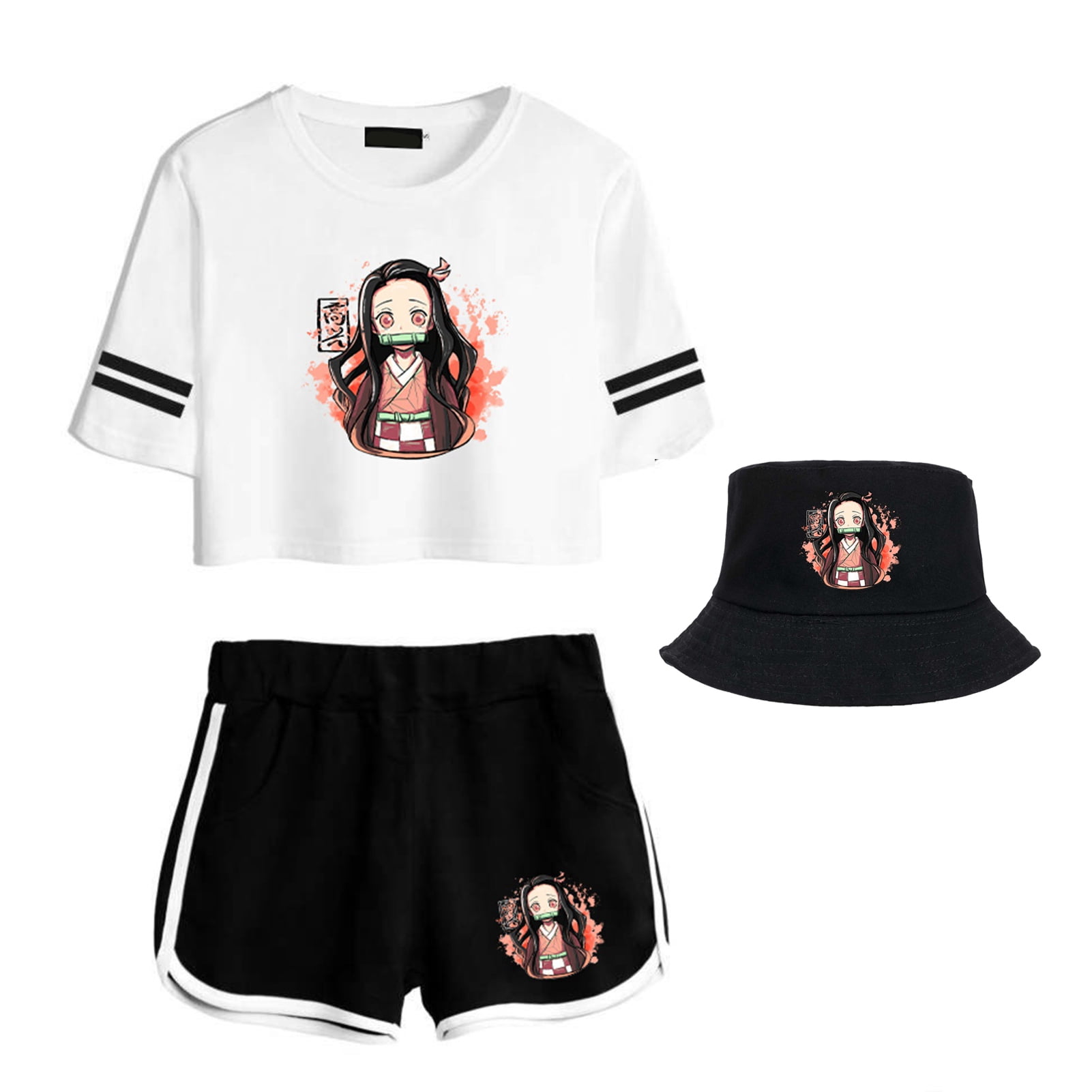 SOSPIRO Anime Demon Slayer Nezuko Crop Top Shorts And Bucket Hat 3 