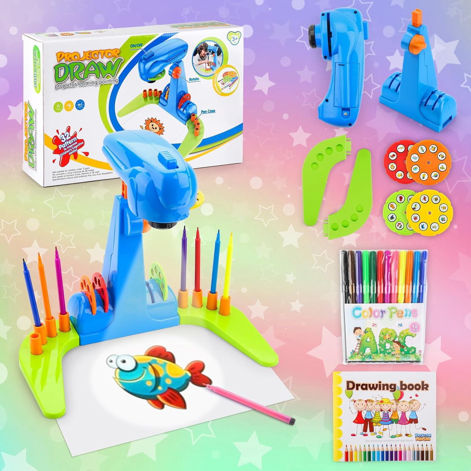 Wiher Kids Drawing Projector, Tracing and Drawing Projector Toys for Girls Aged 3+,Kids Smart Projector with 32cartoon patters and 12color Brushes for Children Learn to Draw and Sketch (Blue)
