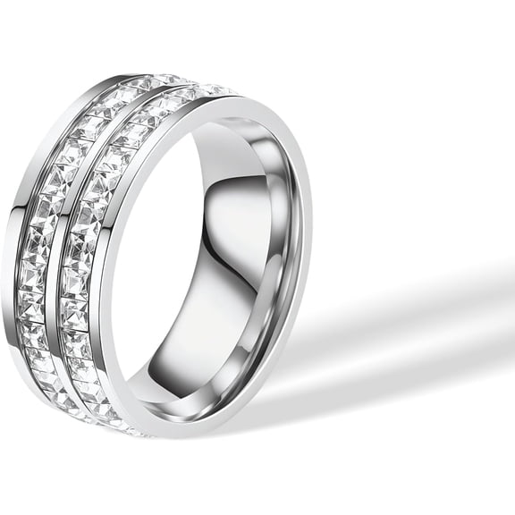 4mm 14k Gold Plated Cubic Zirconia Simulated Diamond Princess Cut Channel Set Stackable Eternity Non Tarnish Comfort Band Ring for Women