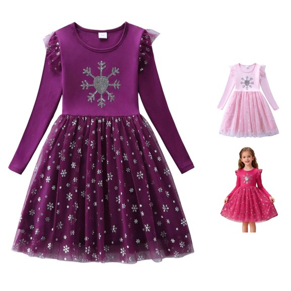 Girl Dress Long-sleeve Elegant Gown Airy Unique Fun Mesh Tulle for Winter and Party Dress Set