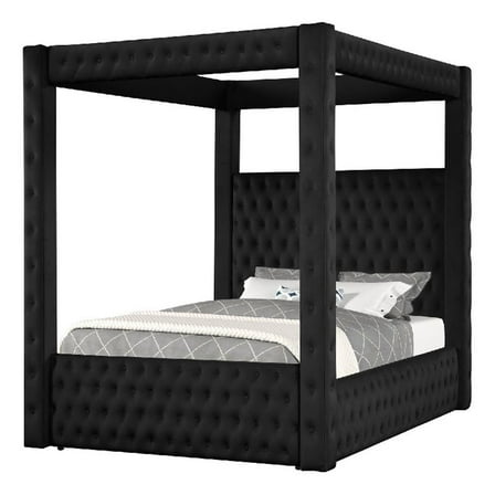 Beli Queen Size Canopy Bed- Tufted Design- Black Velvet Upholstery