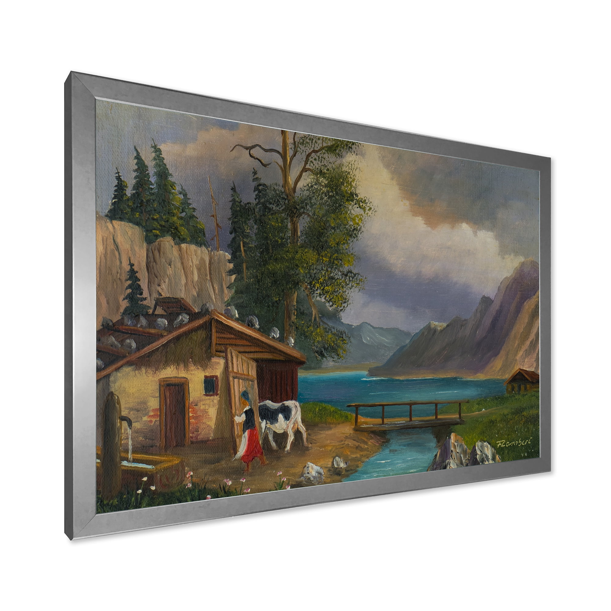 Designart 'Girl Brings The Cow Into The Stable At A Lake' Farmhouse Framed Art Print