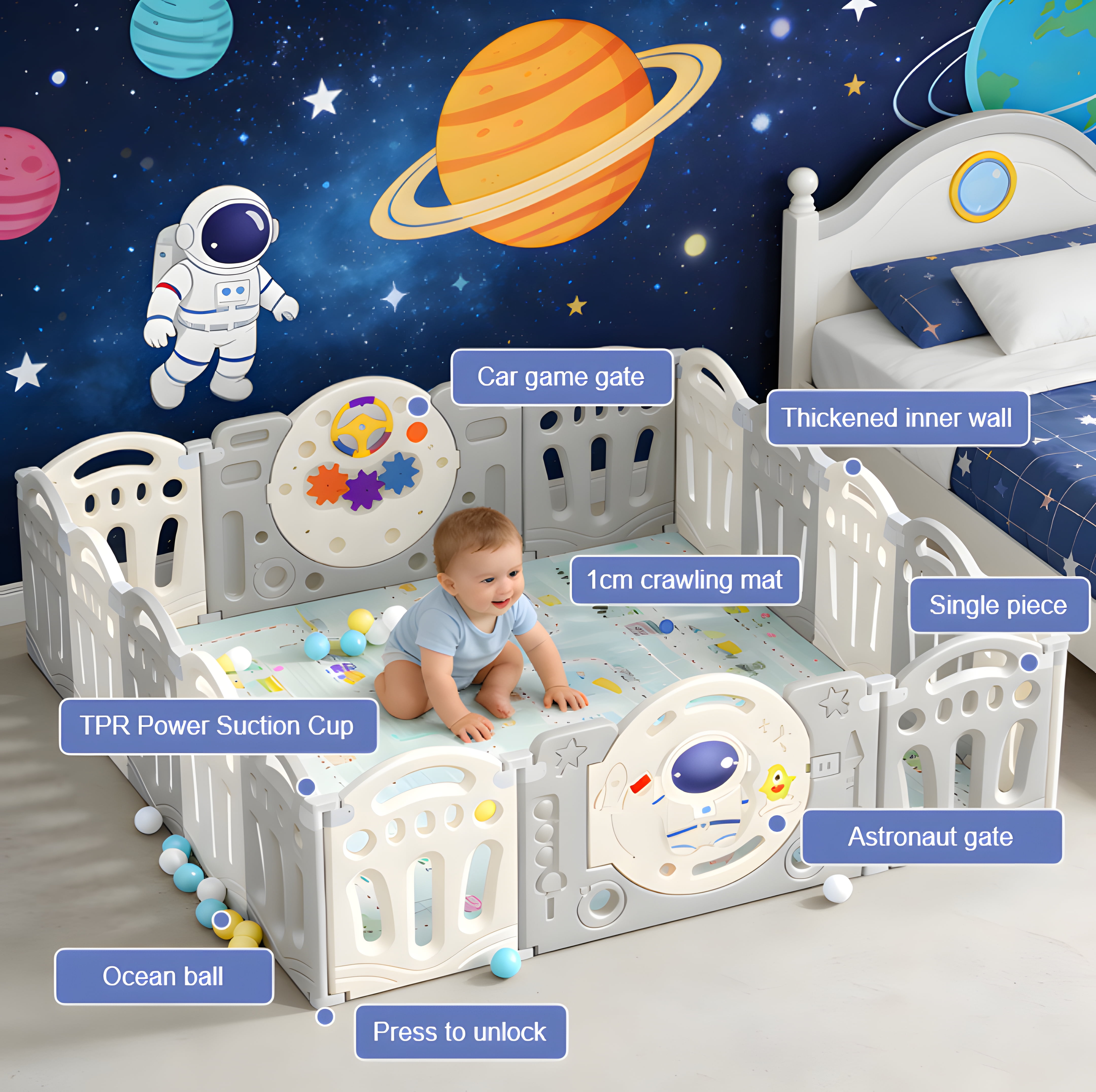 Baby Playpen,Infant Play Yard,Toddlers Playards,Baby Fence with Game Door and Mat for Toddlers,Grey&White