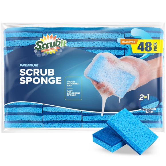 SCRUBIT Lot de 48 Éponges de Cuisine - Éponge à Vaisselle Double Face - Idéale pour Laver la Vaisselle, Cuisine et Salle de Bain â?? Éponges à Vaisselle Bleues