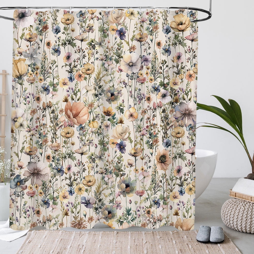 Farmhouse Floral Shower Curtain for Bathroom,Rustic Boho Wildflower and Beige Botanical Fabric 4 Pcs Shower Curtain with Hooks,Spring Country Theme Bathroom Curtains Shower