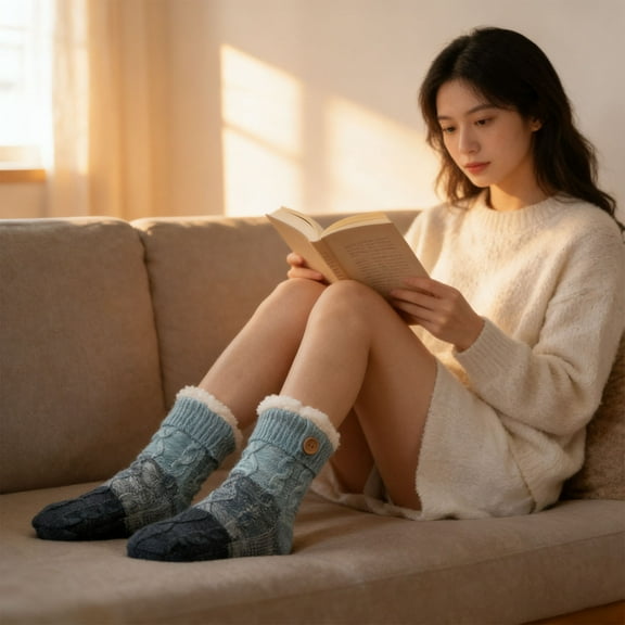 Winter Adult Thicken Warm Floor Socks - Thick Lamb Wool Fleece-Lined Indoor Socks with Non-Slip Silicone Soles & Button Closure, Soft Warm Cozy Lounging Socks for Home Comfort, 9.84*6.69in, Blue