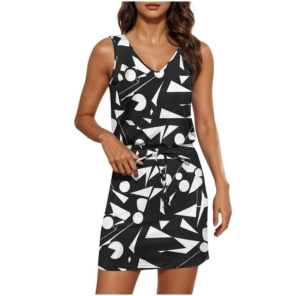 Taqqpue Summer Dresses for Women Casual Tropical Print V-Neck Sleeveless Bandage Sundresses Loose Drawstring Tank Dress Vacation Beach T Shirt Dresses