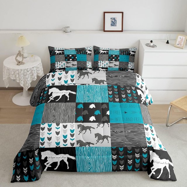 YST Horse Comforter Set King Size Patchwork Teal Unicorn Bedding for