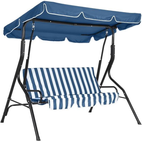 Senfot 3-Seat Outdoor Swing Chair with Adjustable Canopy Waterproof Cushions Sturdy Steel Frame Weather Resistant Patio Glider Bench for Garden Porch Backyard Blue White