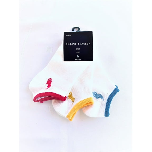 Ralph Lauren Girls' 3 Pairs/Pack No Show Cotton Blend Socks, Size 4-6x(Shoe Size 10-13), White