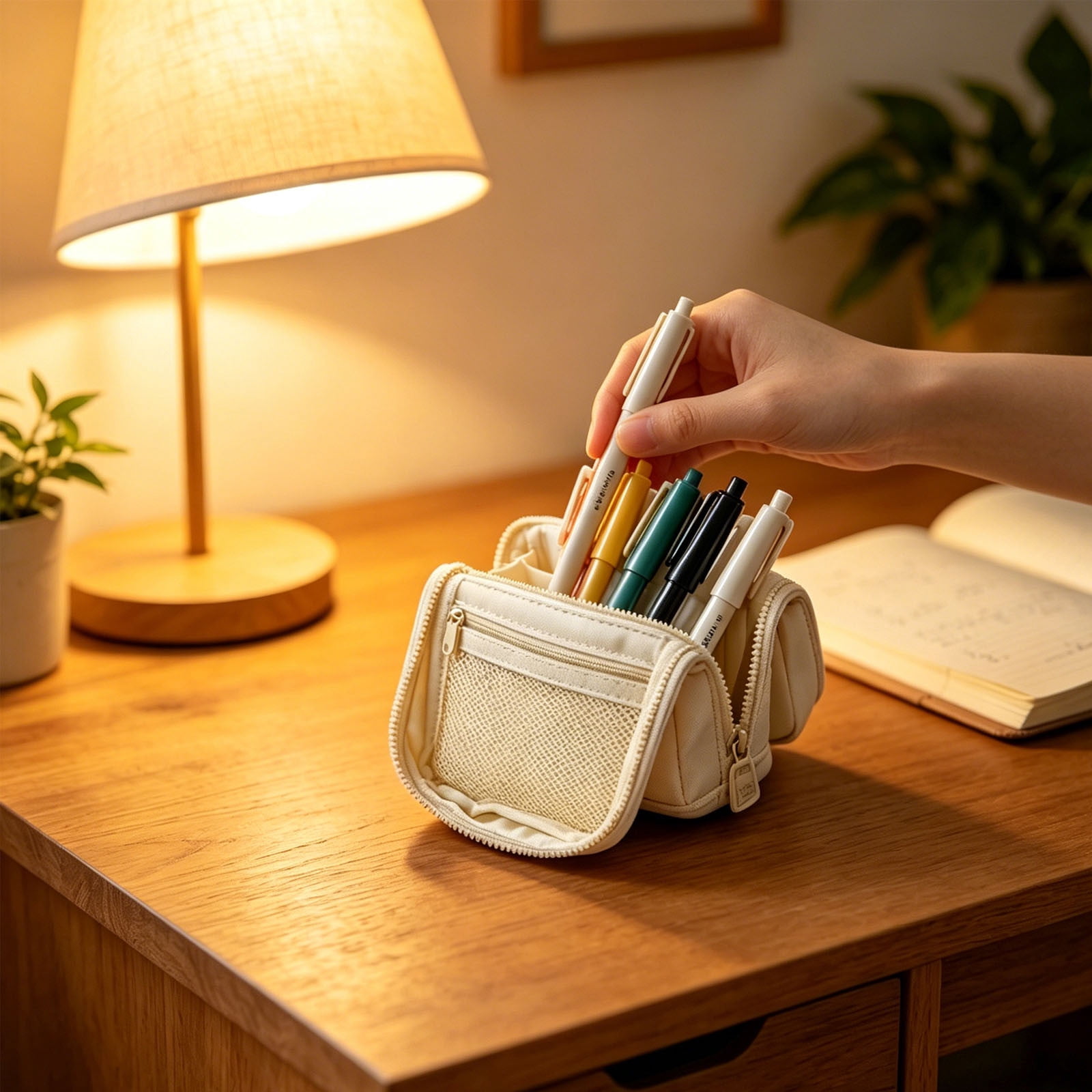 Roiihwy Standing Pencil Case Pouch with Multi Compartments, Large Capacity Pencil Bags with Zipper for Supplies and Office Organization(Beige)