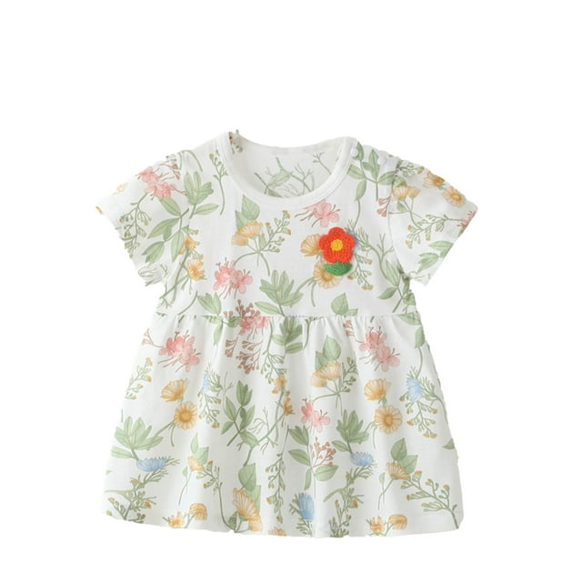 Robes Décontractées pour Filles Été Imprimé Floral Col Rond Manches Courtes Robe Ample de Vacances, Vert, 5-6 Ans