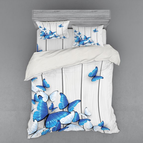 Ambesonne Blue Bedding Set 4 Pcs, Insect Wooden Timber, Queen, Grey White Blue