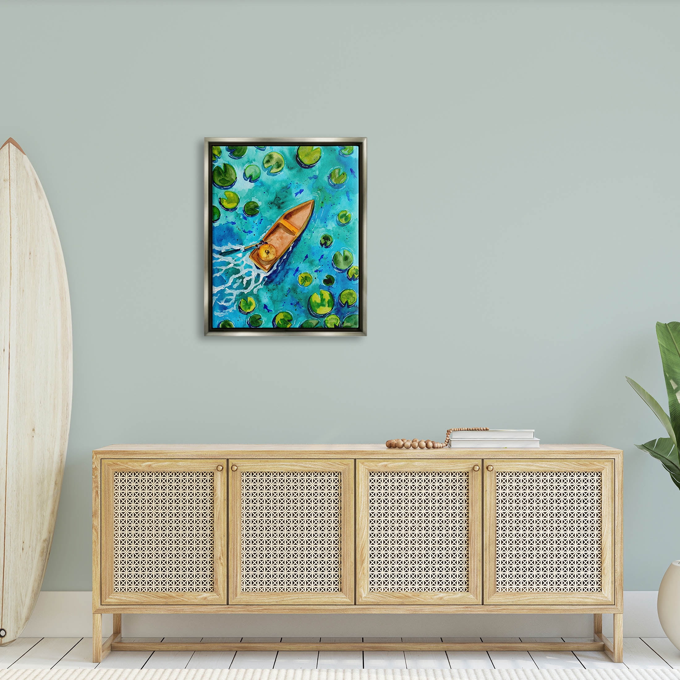 Pond Lilies Lake Boat Splash Transportation Painting Luster Gray Framed Art Print Wall Art