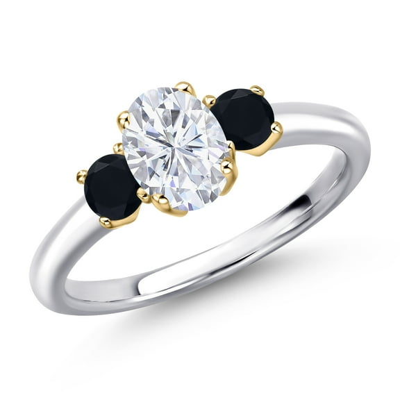 Gem Stone King 10K Two Tone Gold White Moissanite and Black Onyx Engagement Ring for Women | 1.16 Cttw | Oval 7X5MM | Gemstone Birthstone | Size 6