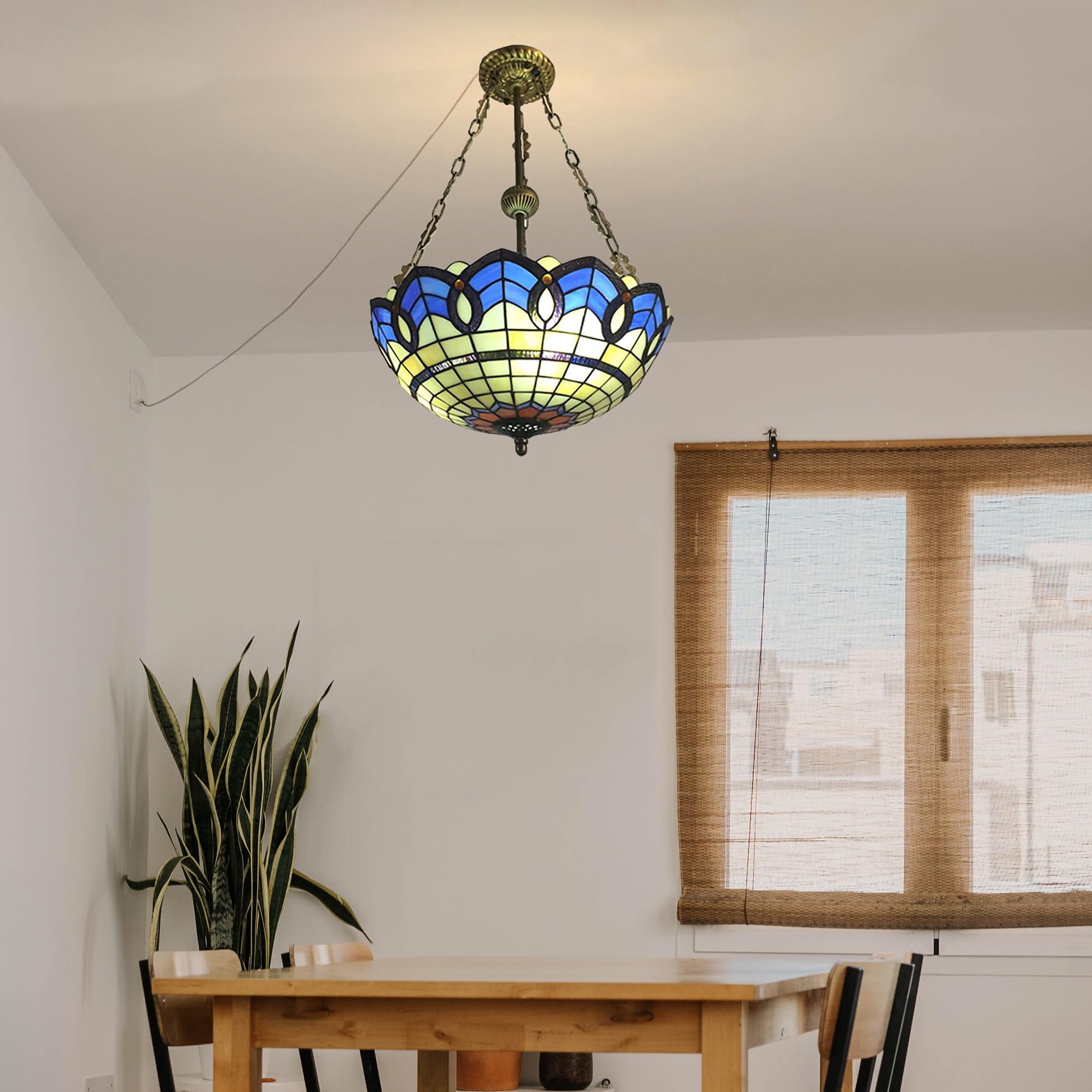 Kiven 11.8in Flush Mount Ceiling Light Fixture Dimmable, 3-Light Anti Glare Close to Ceiling Light with 15FT Plug-in Cord, Tiffany-Style Glass Chandelier for Bedroom Kitchen Hallway(No.3227)