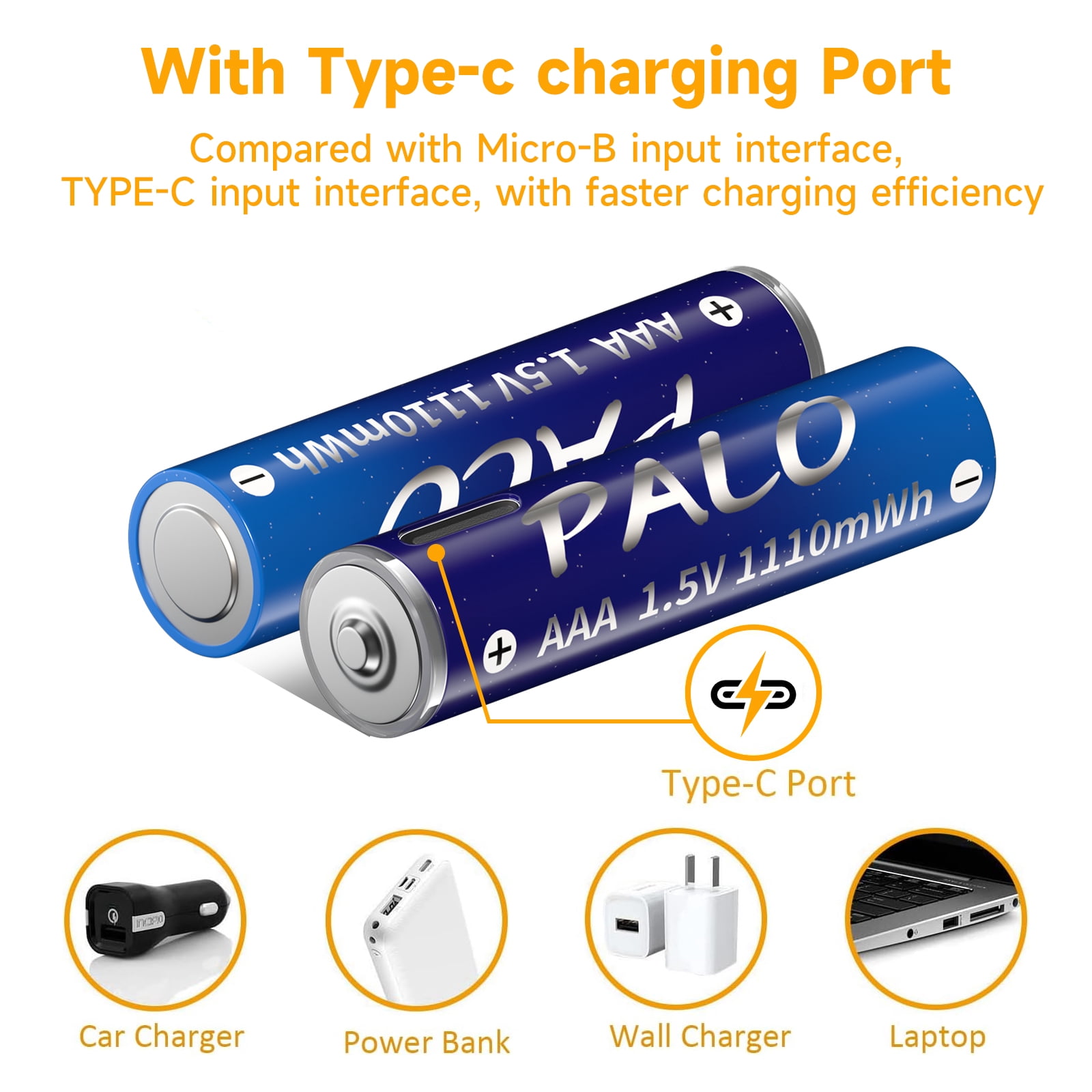 Palogreen AAA USB Rechargeable Battery 20-Pack 1.5V Type-C Lithium Triple A Batteries 1110mWh with Battery Case fot Solar Light