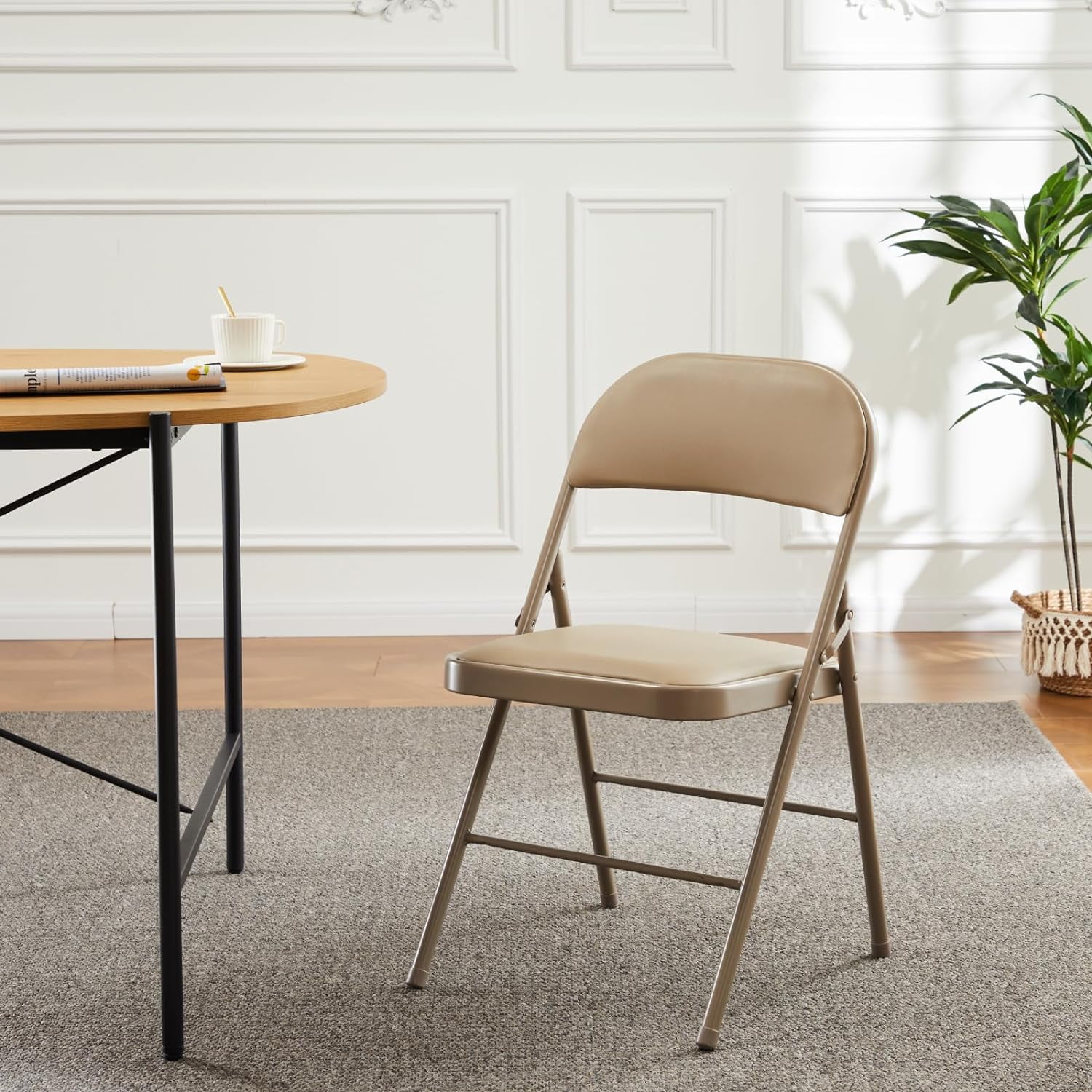 EDX 4 Pack Folding Chair with Sturdy Metal Frame, High-Density Padding, and Water-Resistant PU Leather - Ideal for Meetings, Gatherings, and Events, Khaki