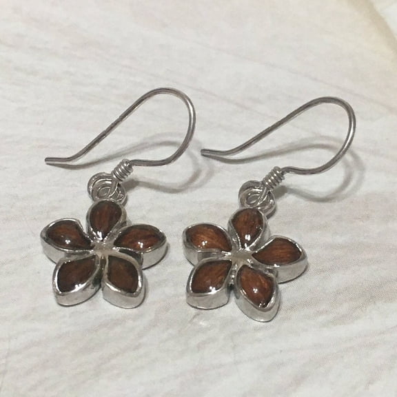 Unique Hawaiian Koa Wood Plumeria Earring, Sterling Silver Plumeria Dangle Earring, E8187 Birthday Mom Valentine Gift, Island Jewelry