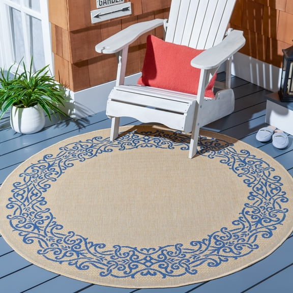 Safavieh Courtyard Ellie Oriental Indoor/Outdoor Area Rug, Natural/Blue, 5'3" x 5'3" Round