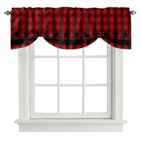 Red Black Plaid Tie Up Valance Curtains for Windows, Kitchen Curtains Window Treatments, Country Vintage Star Abstract Gingham Short Window Shades Valances for Bedroom Bathroom Cafe 42"x18"