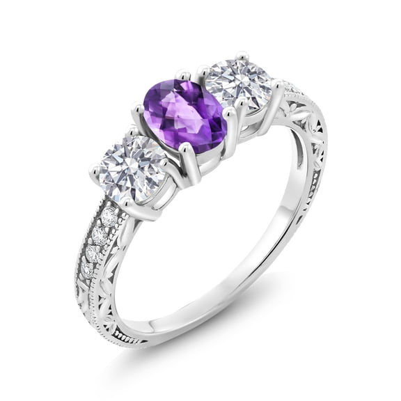Gem Stone King 10K White Gold Purple Amethyst and Lab Grown Diamond Engagement Ring for Women | 1.87 Cttw | Oval Checkerboard 7X5MM | Gemstone February Birthstone | Size 9