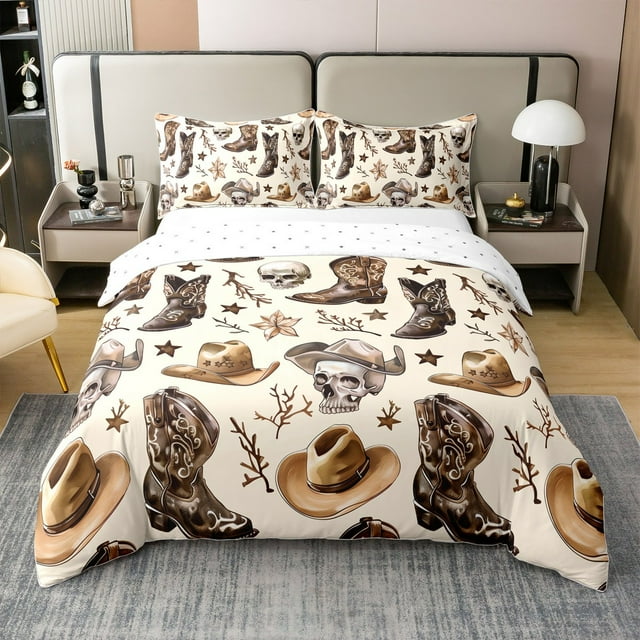 Erosebridal Housse de Couette Gothique Crâne 100 % Coton Taille Simple, Housse de Couette Western Boot 100 % Coton Simple, Décoration de Chambre Rustique, Réversible 2 Pcs (Sans Couette)