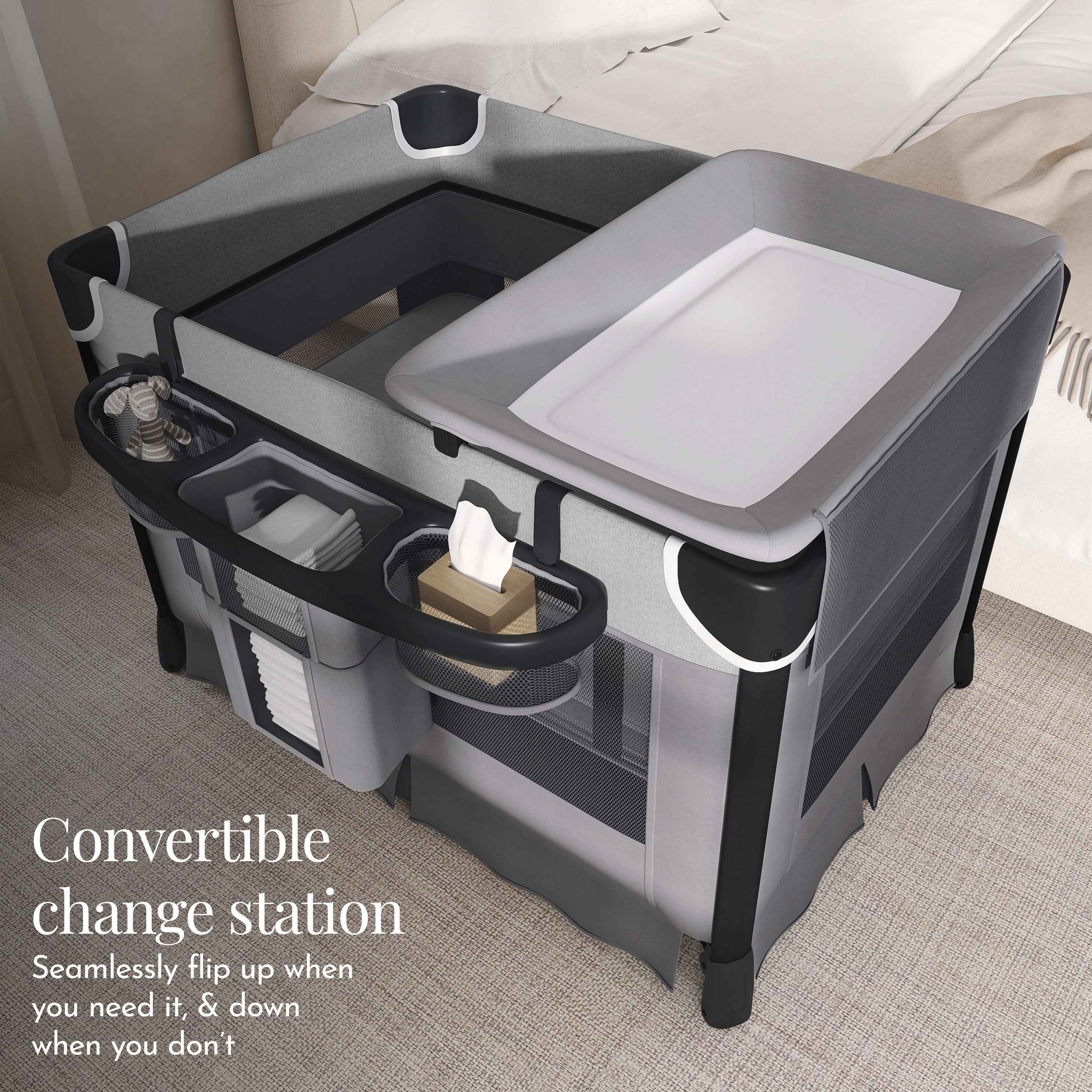 Evolur Cozy Cove All-in-One Portable Playard Gray with Bassinet & Changing Table – Quick-Fold Travel Playard with Breathable Mesh Sides, Travel Bag Included