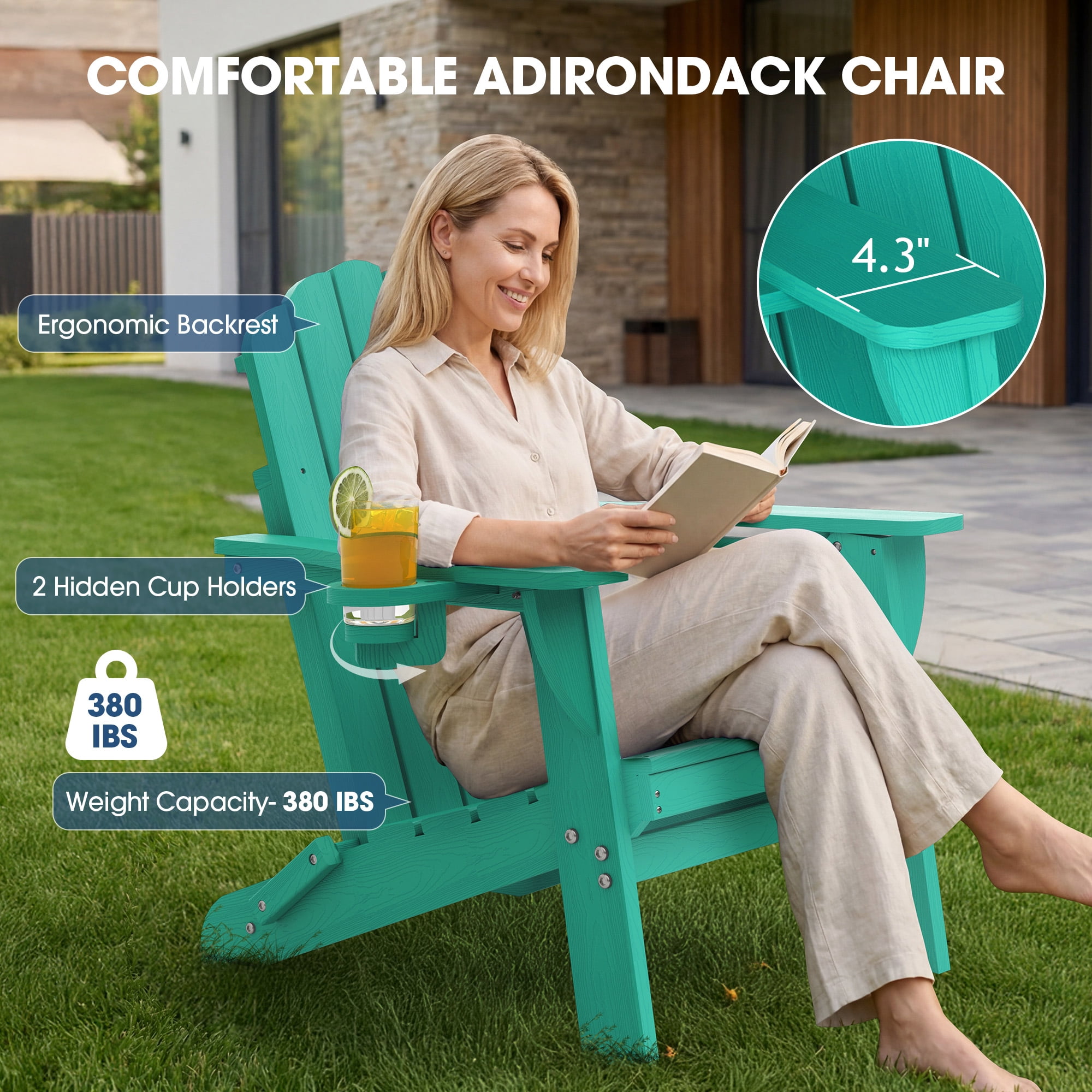 Folding Adirondack Chair, All-Weather HDPE Plastic Patio Fire Pit Chair, Aqua