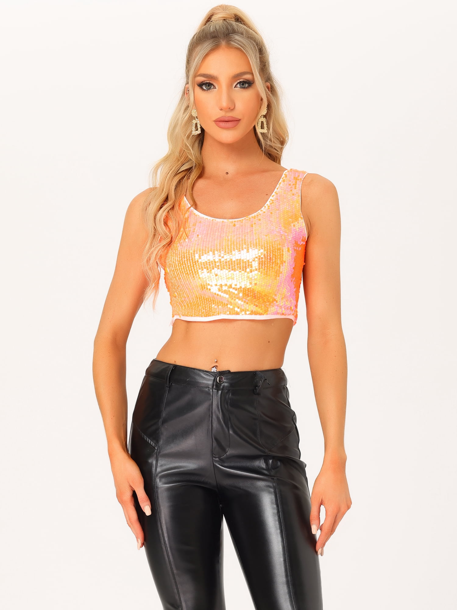 DARING DIVA Women's Metallic Sequin Scoop Neck Cropped Tank Top XS Orange