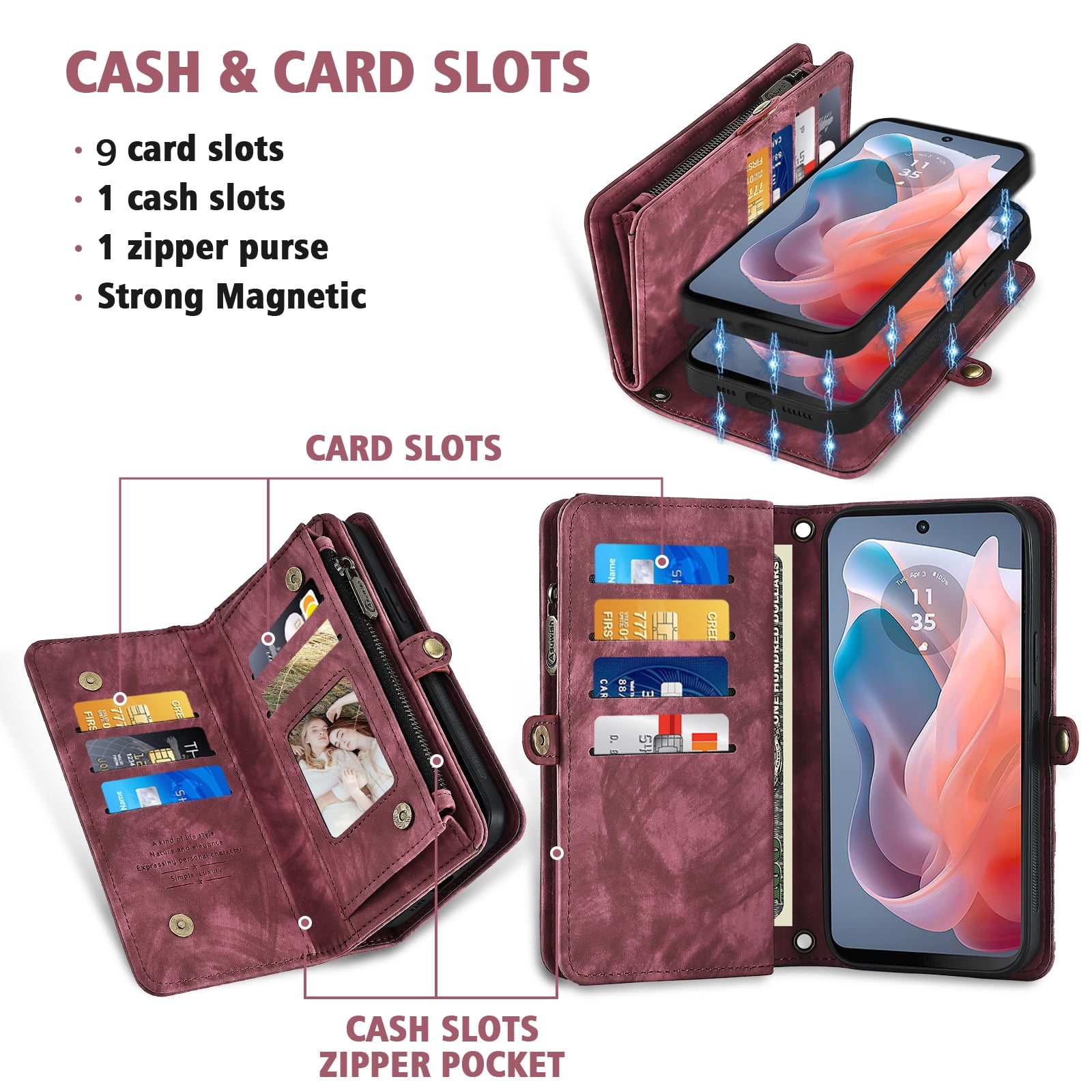 Asuwish Phone Case for Motorola Moto G Play 4G 2024 Zipper Wallet Detachable Cell Cover with Tempered Glass Screen Protector Crossbody Lanyard Strap Flip Card Holder XT2413V XT2413-1 64GB Women Red