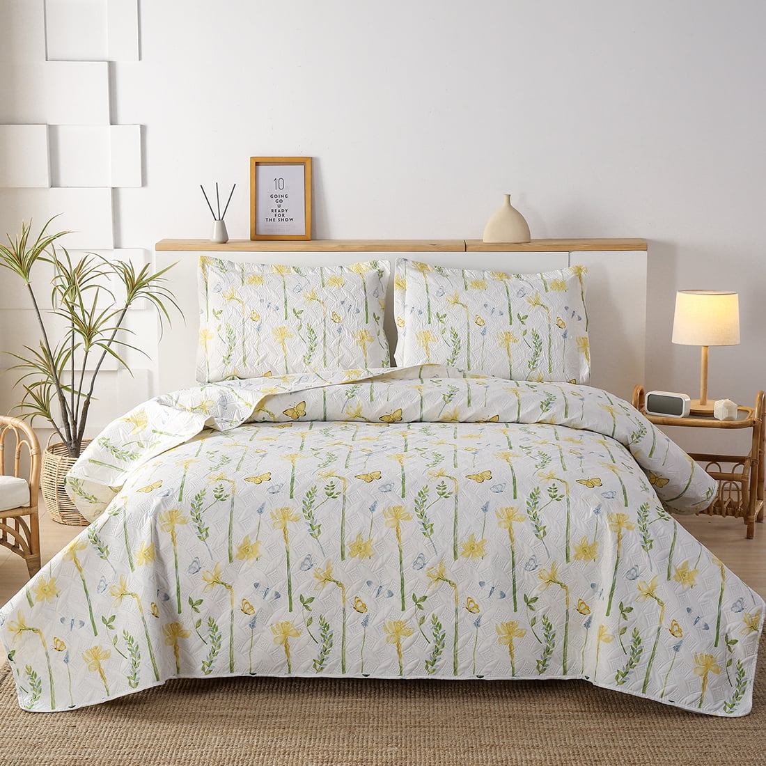 Green Essen Yellow Floral Quilts Twin Butterfly Bedspread Botanical