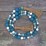 Wood Bead String Beach Wood Beads Blue Wood Bead Garland Tassel Nautical Rustic Farmhouse Beads with Jute Rope Tassel for Coastal Home Room Decor