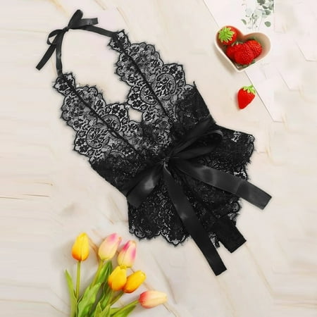 

MRULIC lingerie for women Bandage Bowknot Halter Lace Hollow Perspective Three-Point Temptation Jumpsuit Black + XL