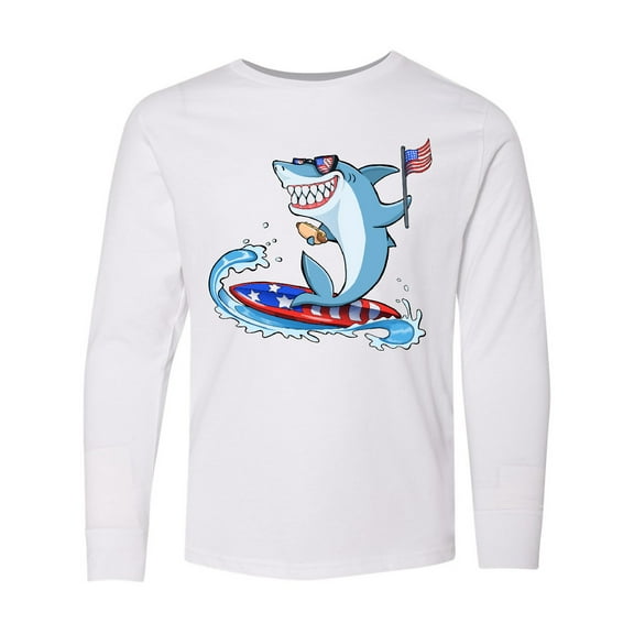 Inktastic Fourth of July Shark Surfing Long Sleeve Youth T-Shirt