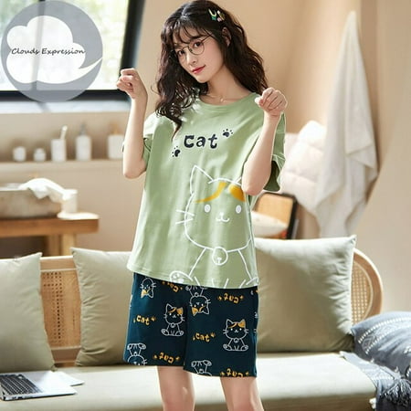 

QWZNDZGR Summer Nightwear Sets Knitted Cotton Cute Cartoon Pyjamas Sweet Casual Women’s Pajamas Short Sleeve Sleepwear Homewear Fashion