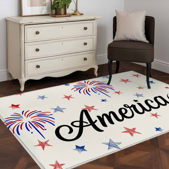 3'x5' Area Rugs, American Independence Day Indoor Outdoor Area Rug for Living Room Bedroom, Retro Fireworks Stars Washable Bathroom Rugs Kitchen Floor Carpet Mats Home Decor Aesthetic