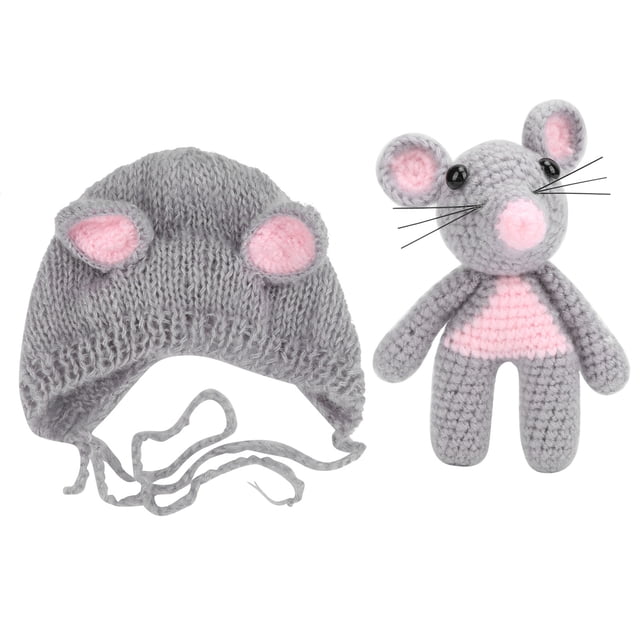 Conjunto de punto para disfraz de bebé, trajes para sesión de fotos de bebé, gorro de ratón para recién nacido con muñeca de ratón, gris claro