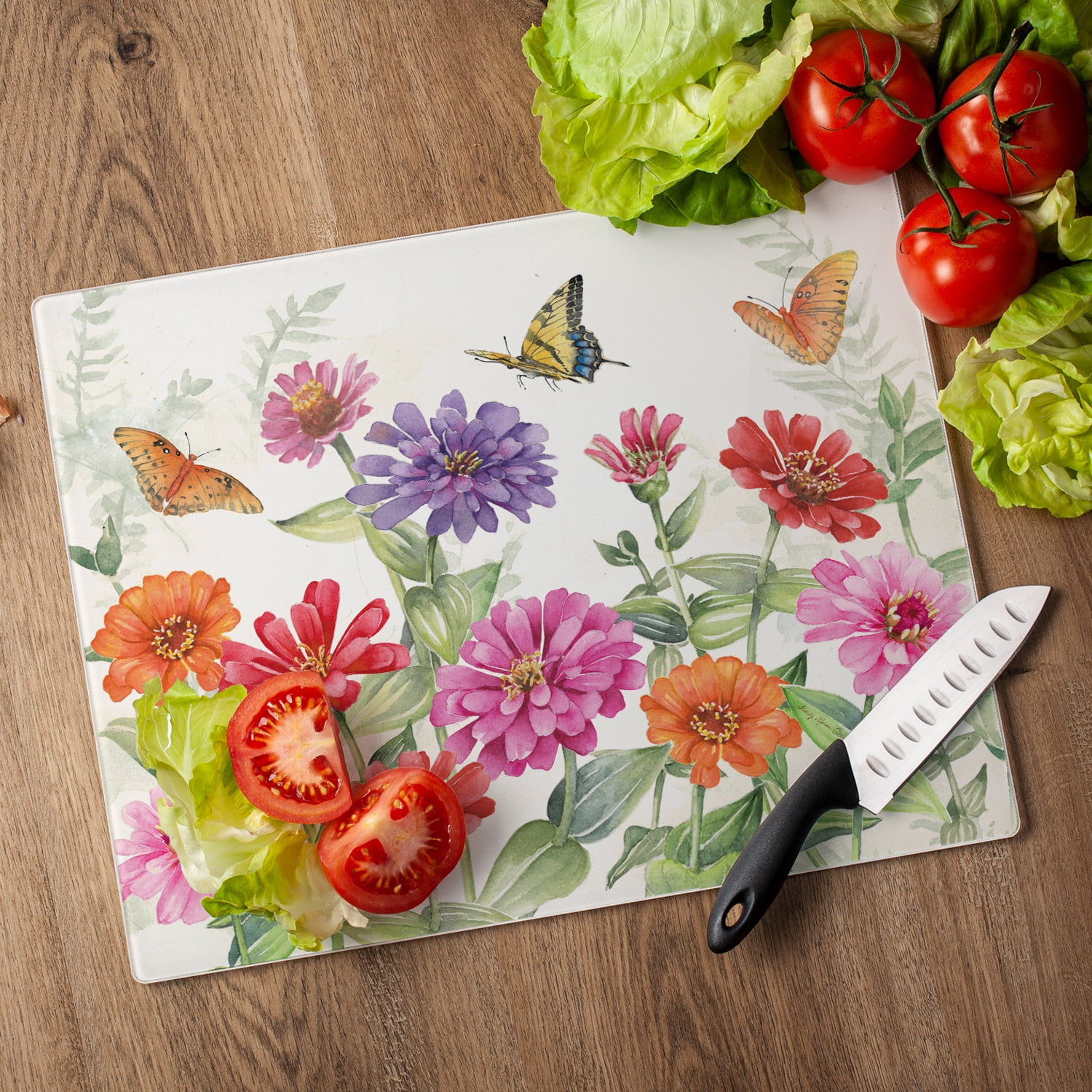 CounterArt Zinnias & Butterflies 3mm Tempered Glass Cutting Board 15" by 12"