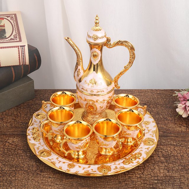 Turkish Coffee Pot Set with Tray and 6 Cups Retro Tea Service Exquisite Pot Decorative Home Party Gold Alloy
