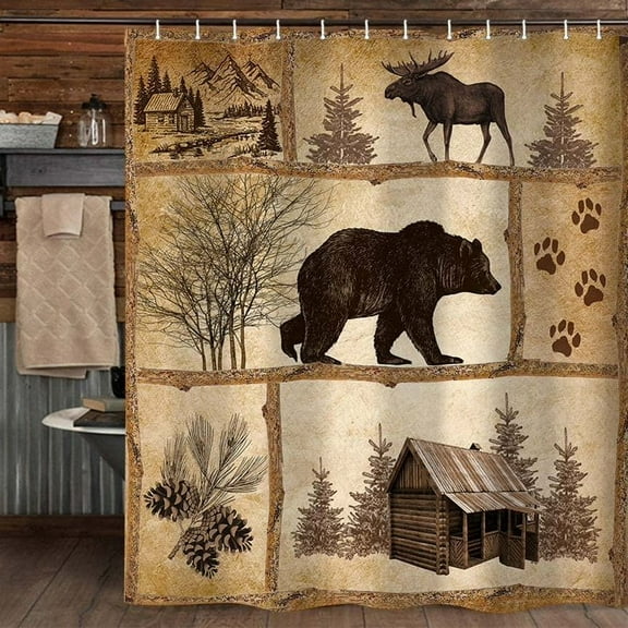 Rustic Cabin Shower Curtain Set, Farmhouse Country Antique Bear Moose Forest Vintage Wood Decor Bath CurtainHunting Camping Waterproof Fabric Bathroom Accessories Set, 72x84 inch with Hooks